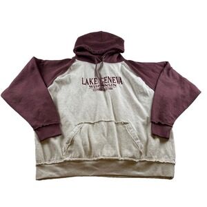 US Vintage hoodie raglan sleeve Lake Geneva Wisconsin Maroon/Gray 2XL